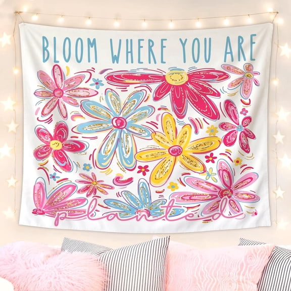 Cottagecore Motivational Tapestry, Pastel Glitter Doodle Daisy Bloom Where You Are Planted Quote Wall Hanging for Teen Dorm & Bedroom Decor