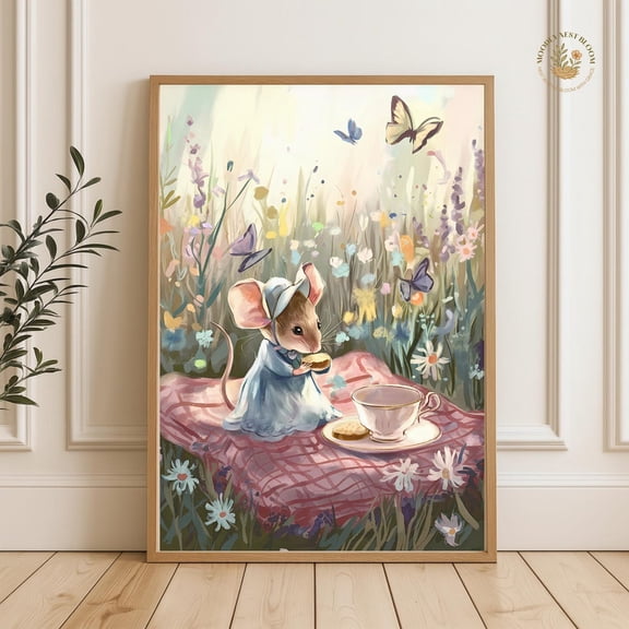 Cottagecore Mouse Tea Party Print, Whimsical Nursery Wall Art, Unframed Paper Poster 24x36in