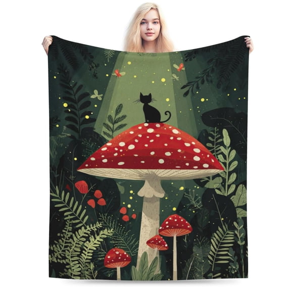 Cottagecore Mushroom & Black Cat Throw Blanket, Red Fly Agaric Forest Art, Whimsical Nature Home Decor 50x40