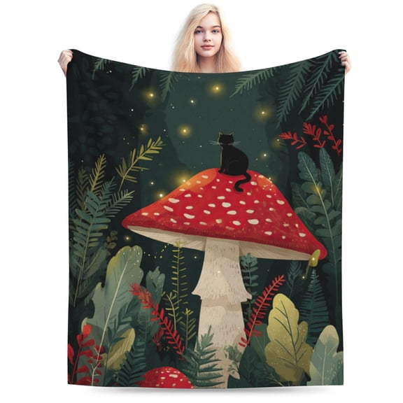 Cottagecore Mushroom & Black Cat Throw Blanket, Red Fly Agaric Forest Art, Whimsical Nature Home Decor 80x60
