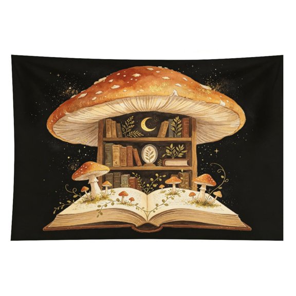 Cozy Cottagecore Mushroom Library Tapestry 40x60 Inch, Goblincore Wall Hanging for Reading Nook & Renter Decor
