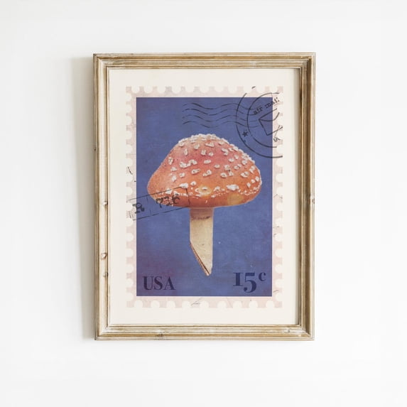 Cottagecore Mushroom Print Red Toadstool Blue Background, Stretched Canvas 8x10in