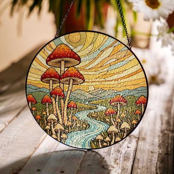 Cottagecore Mushroom Stained Glass Panel - Real Stained Glass | Forest Nature Artwork | Mystical Fairy Aesthetic Decor | Gift for Plant Lovers Mother | Window Wall Art
