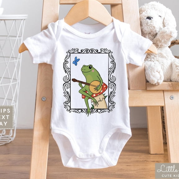 Cottagecore Onesie, Cute Frog On Mushroom Kids Shirt, Frog Playing Banjo Kids Shirt, Trendy Baby Announcement, Baby Shower Gift Cute Baby Onesie, BABY BODYSUIT LAT 4424