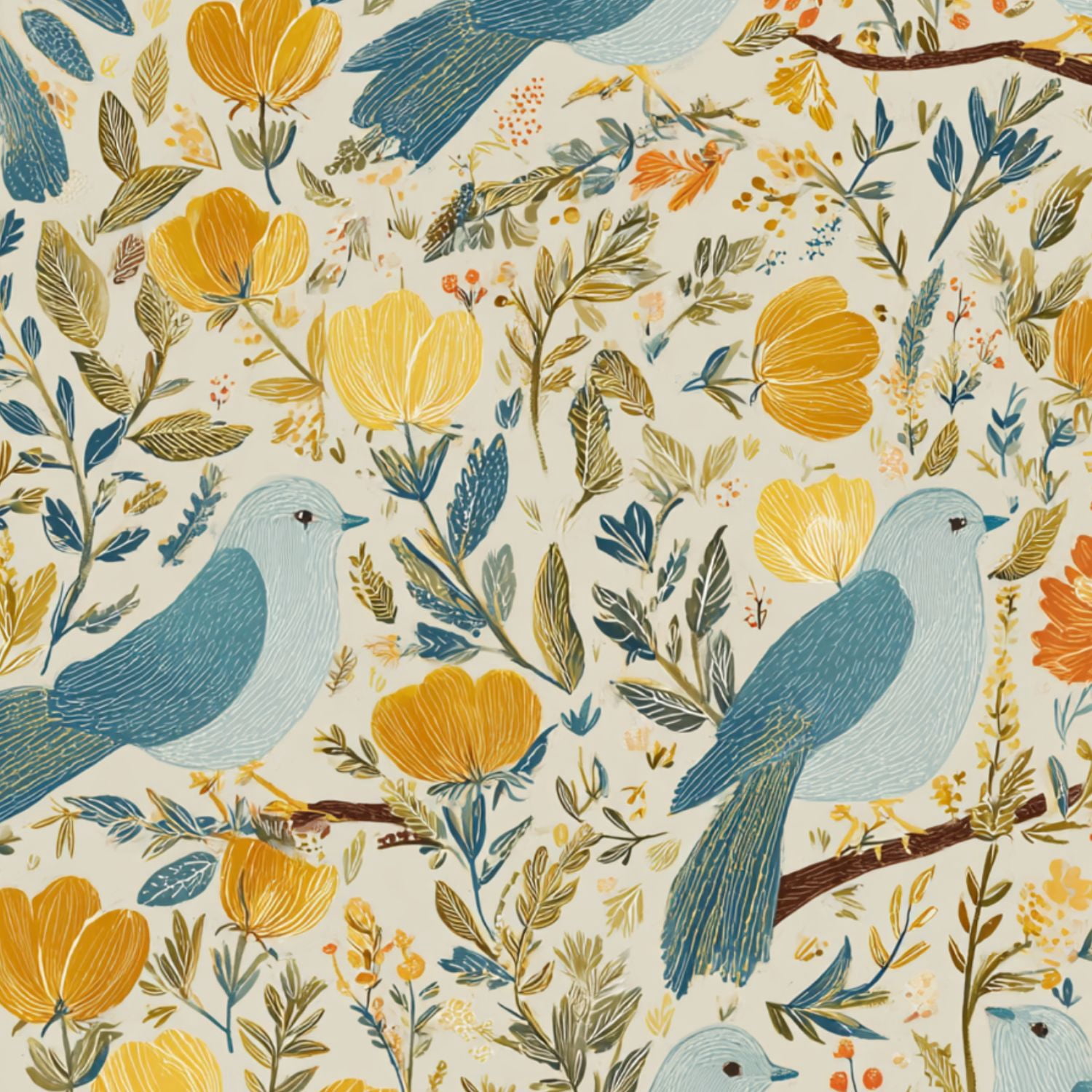 Cottagecore Peel and Stick Wallpaper 17.7in x 9.8ft Illustrated Birds Floral Blue Yellow Flowers Contact Paper Vinyl Waterproof Self Adhesive Wall Paper for Bedroom Shelf Cabinet Renter Friendly