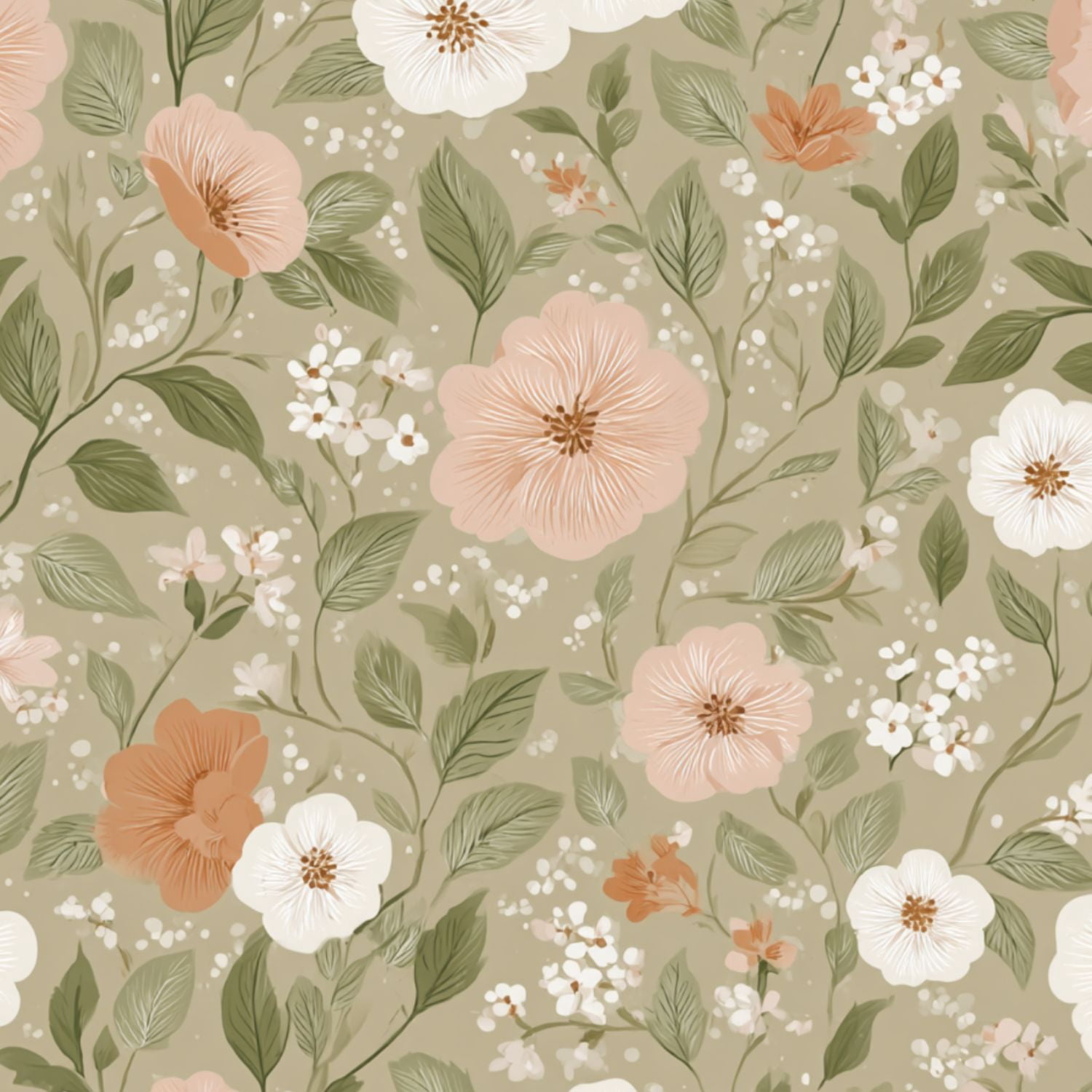 Cottagecore Peel and Stick Wallpaper 17.7in x 9.8ft Soft Floral Peach White Green Flowers Olive Green Contact Paper Vinyl Waterproof Self Adhesive Wall Paper for Bedroom Shelf Cabinet Renter Friendly