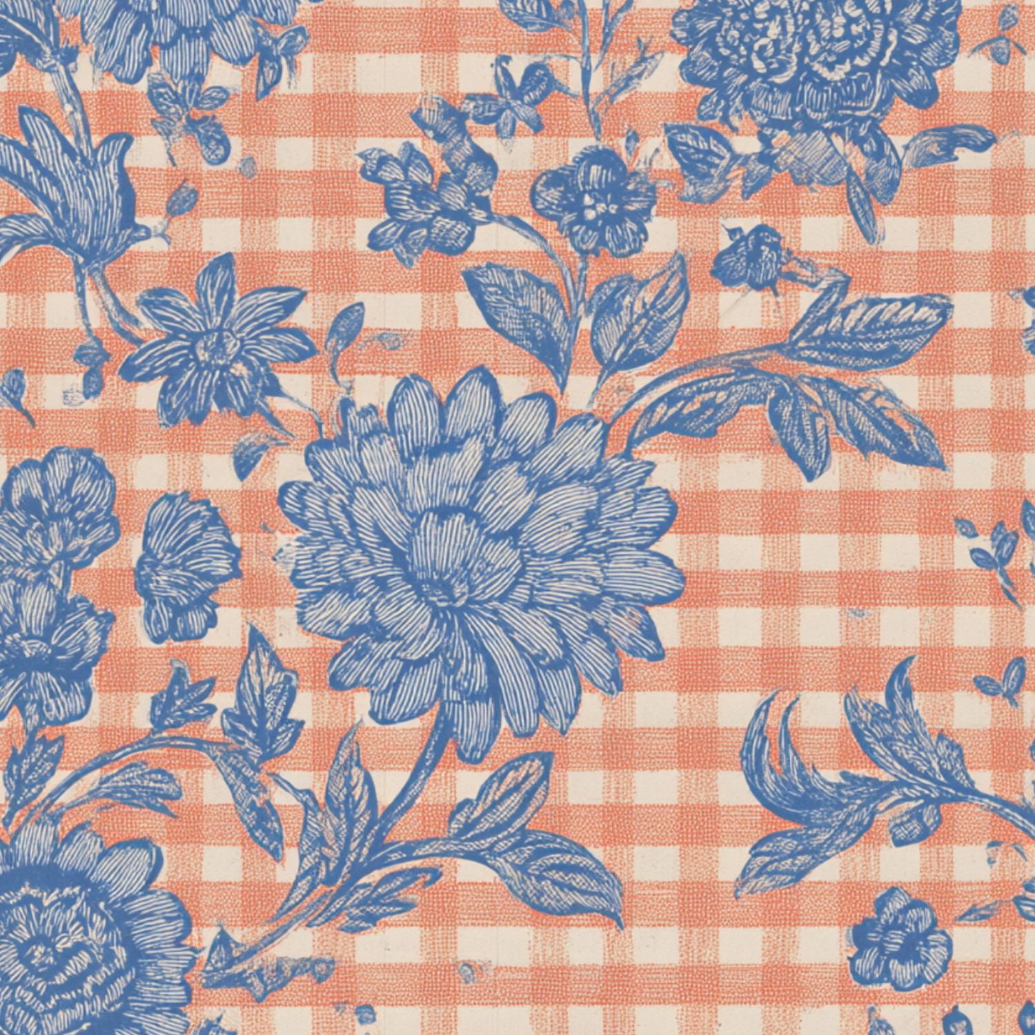 Cottagecore Peel and Stick Wallpaper 17.7in x 9.8ft Vintage Blue Floral Peach Gingham Contact Paper Vinyl Waterproof Self Adhesive Wall Paper for Bedroom Shelf Cabinet Renter Friendly