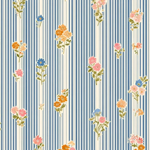 Cottagecore Peel and Stick Wallpaper 17.7in x 9.8ft Vintage Floral Blue Stripes Watercolor Flowers Contact Paper Vinyl Waterproof Self Adhesive Wall Paper for Bedroom Shelf Cabinet Renter Friendly