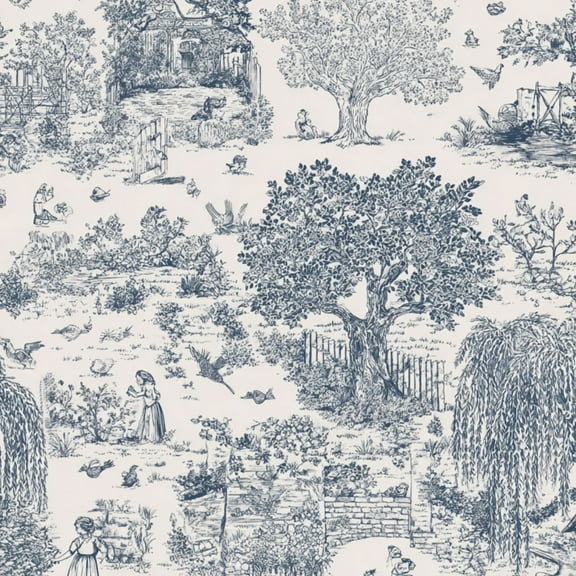 Cottagecore Peel and Stick Wallpaper 17.7in x 9.8ft Vintage Floral Garden Scene Birds Children Blue White Contact Paper Waterproof Self Adhesive Wall Paper for Bedroom Shelf Cabinet Renter Friendly