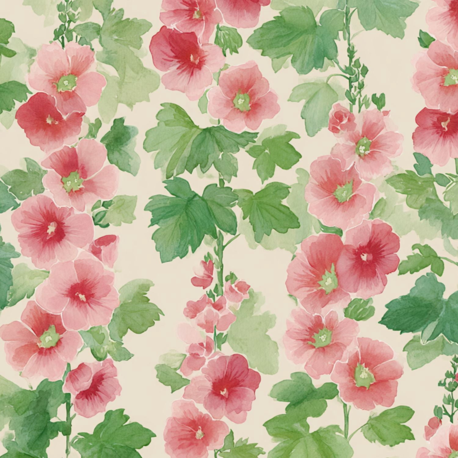 Cottagecore Peel and Stick Wallpaper 17.7in x 9.8ft Watercolor Hollyhock Floral Pink Green Blossoms Contact Paper Vinyl Waterproof Self Adhesive Wall Paper for Bedroom Shelf Cabinet Renter Friendly