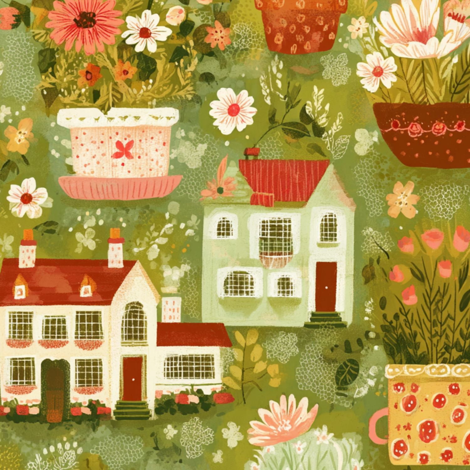 Cottagecore Peel and Stick Wallpaper 17.7in x 9.8ft Whimsical Floral Cozy Homes Tea Cups Contact Paper Vinyl Waterproof Self Adhesive Wall Paper for Bedroom Shelf Cabinet Renter Friendly