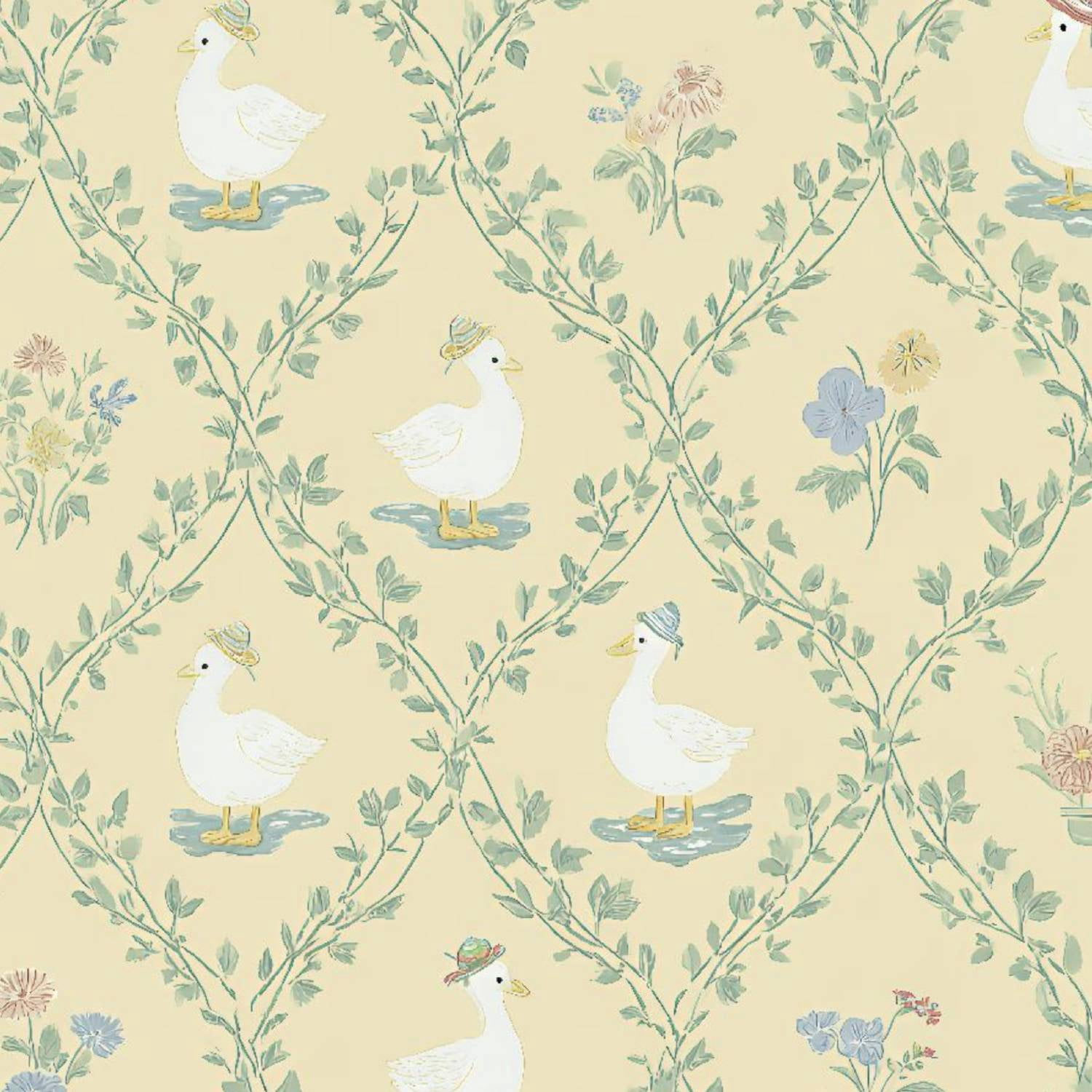 Cottagecore Peel and Stick Wallpaper 23.6in x 9.8ft Charming Ducks Floral Soft Yellow Contact Paper Vinyl Waterproof Self Adhesive Wall Paper for Bedroom Shelf Cabinet Renter Friendly