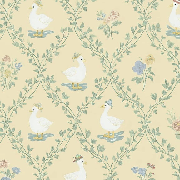 Cottagecore Peel and Stick Wallpaper 23.6in x 9.8ft Charming Ducks Floral Soft Yellow Contact Paper Vinyl Waterproof Self Adhesive Wall Paper for Bedroom Shelf Cabinet Renter Friendly
