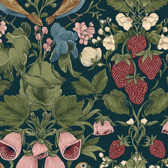 Cottagecore Peel and Stick Wallpaper 23.6in x 9.8ft Vintage Botanical Strawberry Bird Floral Details Dark Contact Paper Waterproof Self Adhesive Wall Paper for Bedroom Shelf Cabinet Renter Friendly