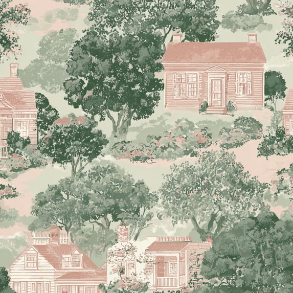 Cottagecore Peel and Stick Wallpaper 23.6in x 9.8ft Vintage House Tree Soft Green Pink Tones Contact Paper Vinyl Waterproof Self Adhesive Wall Paper for Bedroom Shelf Cabinet Renter Friendly