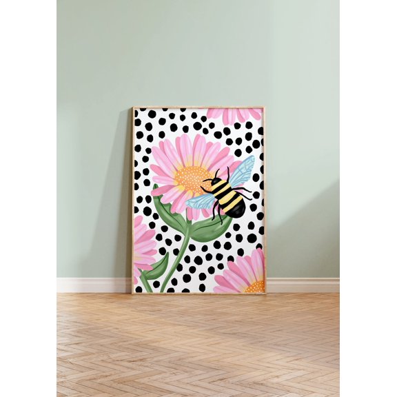 Cottagecore Pink Flower Botanical Bee Garden Wildlife Illustration Wall Art, Stretched Canvas