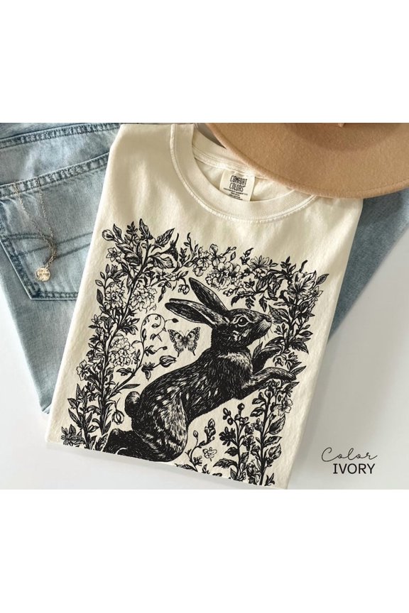 Cottagecore Rabbit Shirt, Wild Hare t-shirt, Folk Art Forest Animal TShirt, Woodland Aesthetic Top, Comfort Colors Tee, Boho Tee