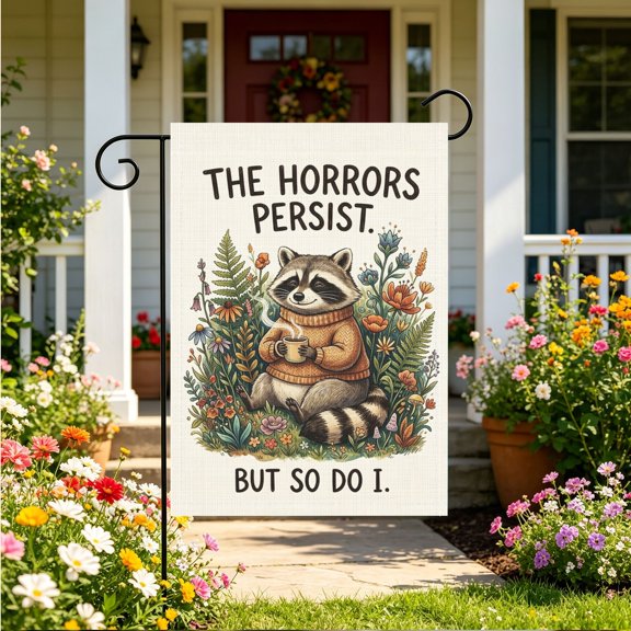Cottagecore Raccoon Humor Botanical Meme Garden Flag, Front Porch Aesthetic Housewarming Gift, Thanksgiving Christmas Gift