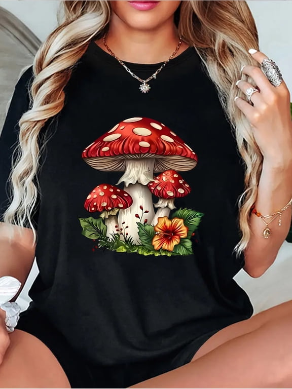 Cottagecore Red Toadstool Mushroom Short Sleeve T-Shirt for Women, Floral Leaf Nature Forest Casual Graphic Top