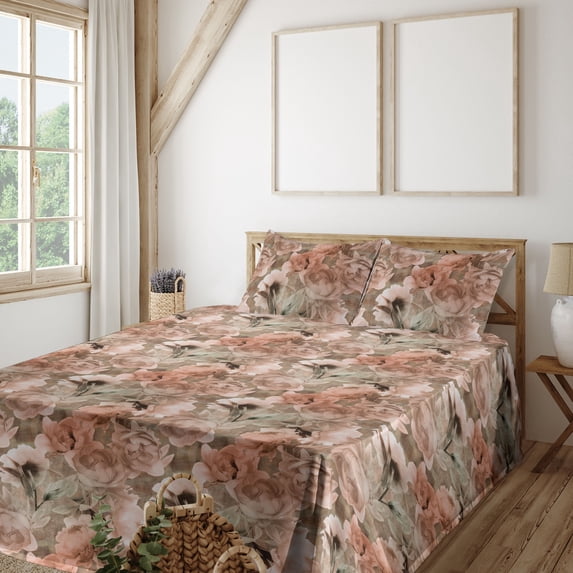 Cottagecore Sheet Set, Nostalgic Inspired Floral Boho Pattern Dreamy Vibes Rose Artwork, Fitted & Flat Sheet with Pillowcase Bedding Accent 4 Pcs Set, Calking, Rose Pale Green Pale Ruby, by Ambesonne
