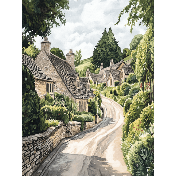 Cottagecore Village Road Watercolor Painting/Canvas Art， Suitable for Living Room，Kitchen，and Hallway Decoration.