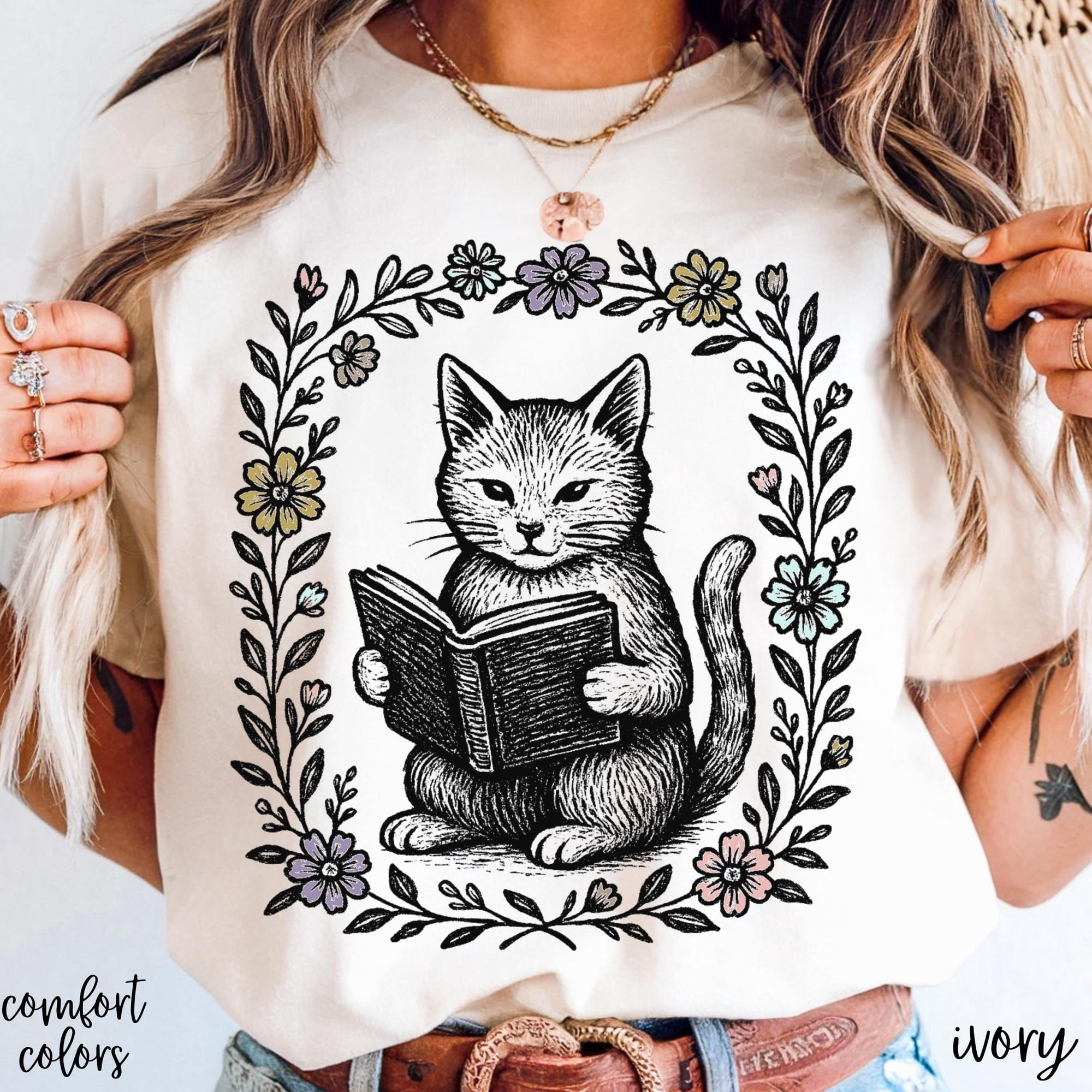 Cottagecore Vintage Cat Reading Book Floral Comfort Colors T-Shirt ...