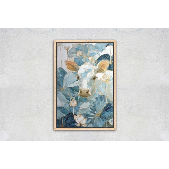 Cottagecore White Cow Portrait With Indigo Lotus Rural Botanical Portrait Decor Unframed Paper Print