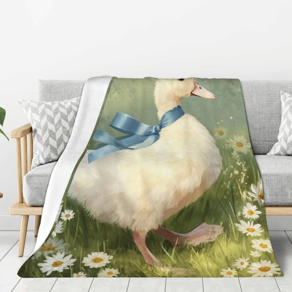 Cottagecore White Duck Throw Blanket, Coquette Aesthetic Goose with Blue Ribbon, Soft Flannel Fleece, Pastoral Meadow Art for Bedroom Sofa 50x40