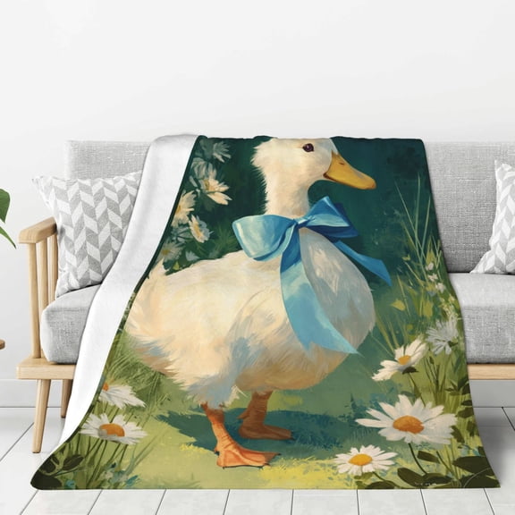 Cottagecore White Duck Throw Blanket, Coquette Aesthetic Goose with Blue Ribbon, Soft Flannel Fleece, Pastoral Meadow Art for Bedroom Sofa 50x40