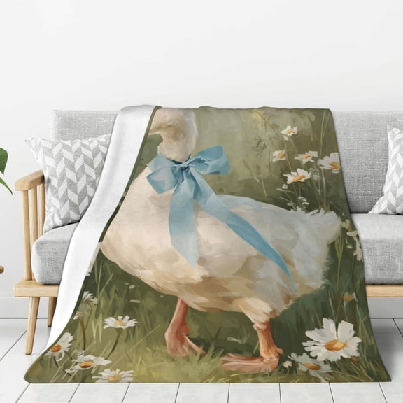 Cottagecore White Duck Throw Blanket, Coquette Aesthetic Goose with Blue Ribbon, Soft Flannel Fleece, Pastoral Meadow Art for Bedroom Sofa 50x40