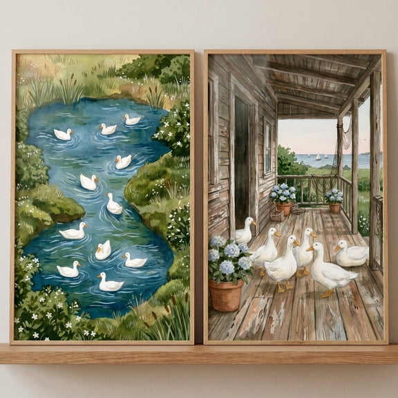 Cottagecore White Duck Wall Art Set of 2 watercolor pond duck decor rustic farmhouse nursery art country lake house print duck art Set 2