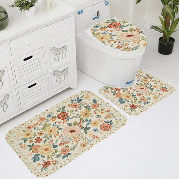 Cottagecore Wildflower 3-Piece Bath Rug Set, Non-Slip Polyester Bathroom Mats, Farmhouse-Inspired Washable Low-Pile Rugs with Toilet Lid Cover & U-Shaped Mat for Rustic Country Bathroom Decor