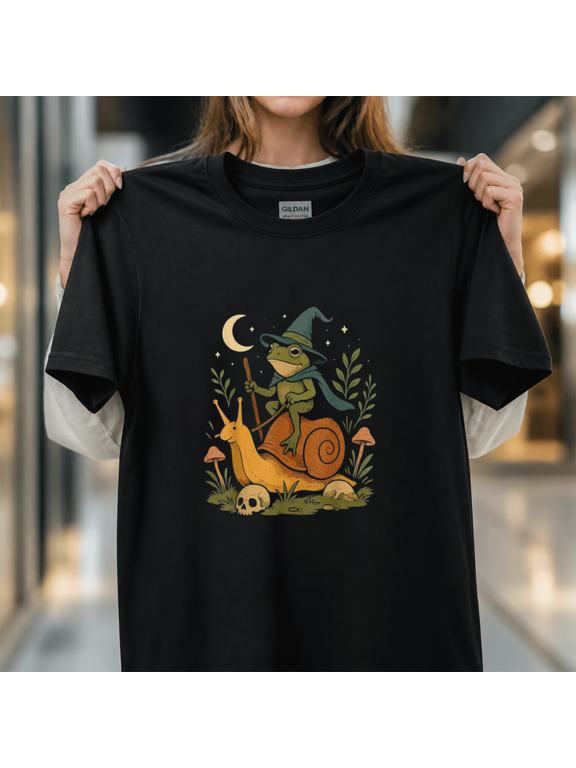 Cottagecore Witch Frog Riding Snail Whimsical Art Graphic Unisex T-Shirt,S-5XL