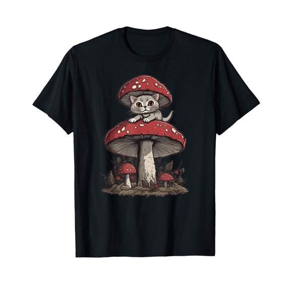 Cottagecore aesthetic cat hiding under mushroom T-Shirt