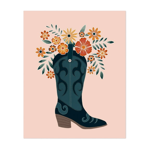 Cottagecore cowboy boot - Illustration Floral Cowboy Western Flowers Rustic Boho Whimsical Unframed Wall Art Print 11 x 14 inches