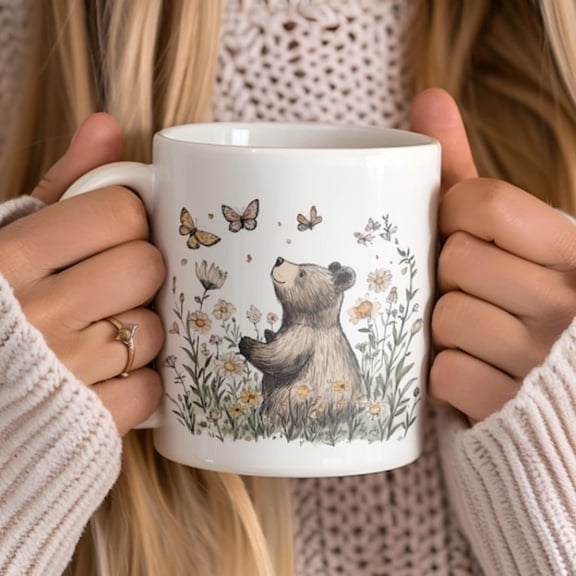 Cottagre Bear mug, wildflower Bears vintage cup, cute Easter grizzly bear coffee cup, Spring floral mug, Woodland Animals Lover Gift.