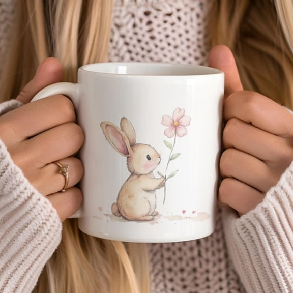 Cottagre Bunny and Flower mug, wildflower Bunny vintage cup, cute Rabbioffee cup, Spring floral mug, Woodland Animals Lover Gift.