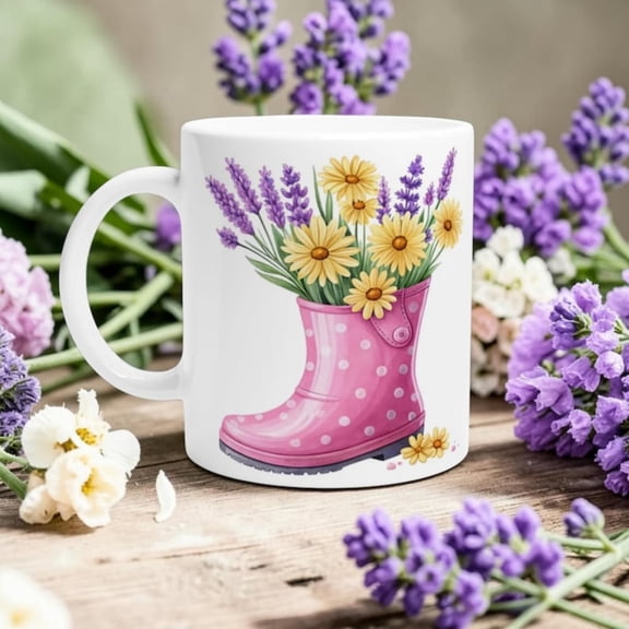 Cottagre Pink Rain Boot Mug Floral Daisavender Gift Her Gardening Coffee Cup.jpg