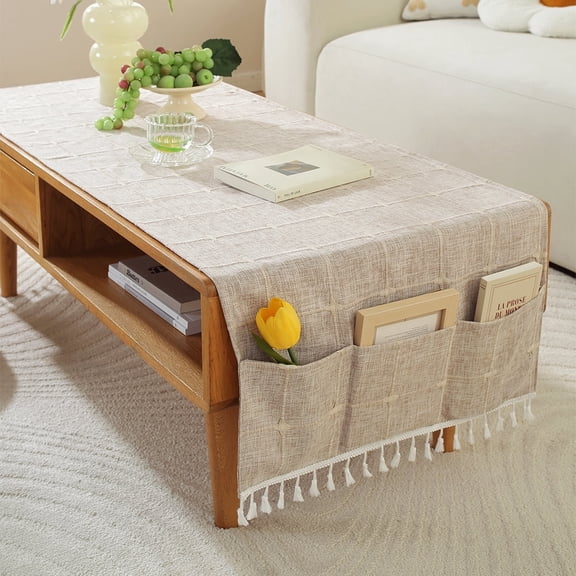 Cotten Linen Rectangle Tablecloths, Living Room Coffee Table Cover with Pocket and Tassels Washer Dryer Fridge Top Dust Cover