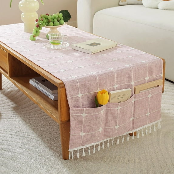 Cotten Linen Rectangle Tablecloths, Living Room Coffee Table Cover with Pocket and Tassels Washer Dryer Fridge Top Dust Cover