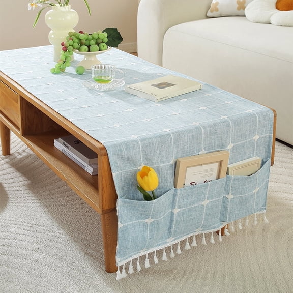 Cotten Linen Rectangle Tablecloths, Living Room Coffee Table Cover with Pocket and Tassels Washer Dryer Fridge Top Dust Cover