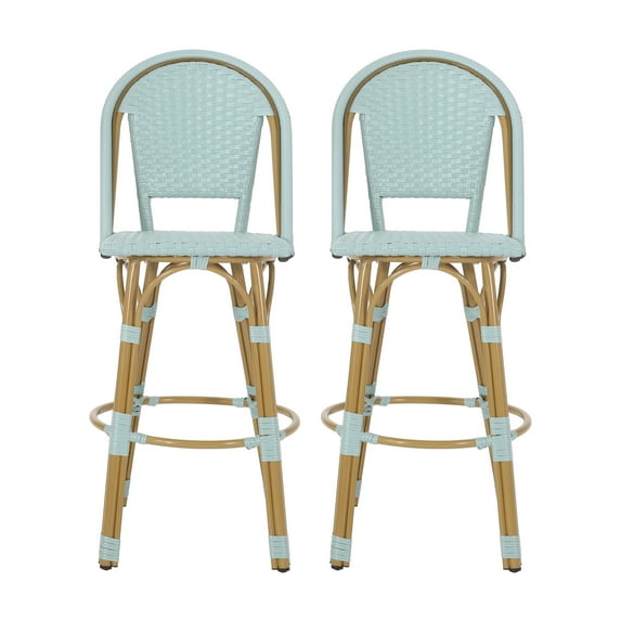 Cotterell Outdoor French Wicker and Aluminum 29.5 Inch Barstools, Set of 2, Light Teal and Bamboo Finish