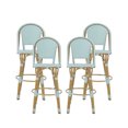 thumbnail image 1 of Cotterell Outdoor French Wicker and Aluminum 29.5 Inch Barstools, Set of 4, Light Teal and Bamboo Finish, 1 of 9