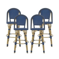 Cotterell Outdoor French Wicker and Aluminum 29.5 Inch Barstools, Set of 4, Navy Blue and Bamboo Finish