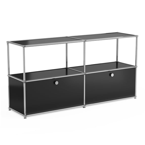 Cottinch 2-Tier Accent Cabinet,Metal Storage Cabinets with 2 Doors,Open Shelf,Freestanding Organizer for Living Room,Black