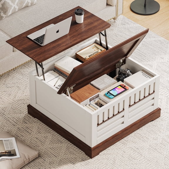 Cottinch 31.5" Farmhouse Lift Top Coffee Table with Large Hidden Storage Compartments, Wood Square Center Table with Rivet Barn Door for Living Room
