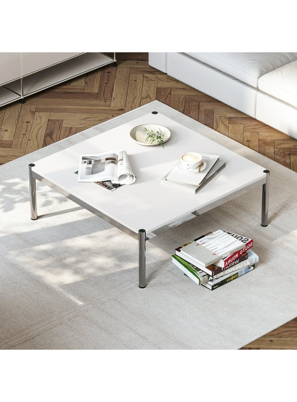 Cottinch 39.4" Square Coffee Table Modern Metal Coffee Table Simple Tea Table for Living Room,White