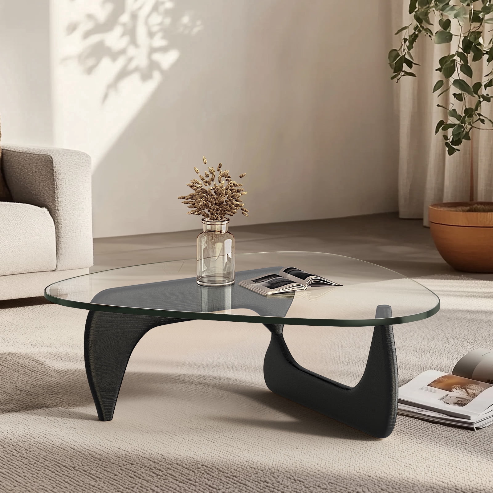 Cottinch 50" Triangle Glass Coffee Table with Wood Base for Living Room Office, Black