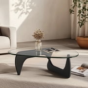 Cottinch 50 Triangle Glass Coffee Table with Wood Base for Living Room Office, Black