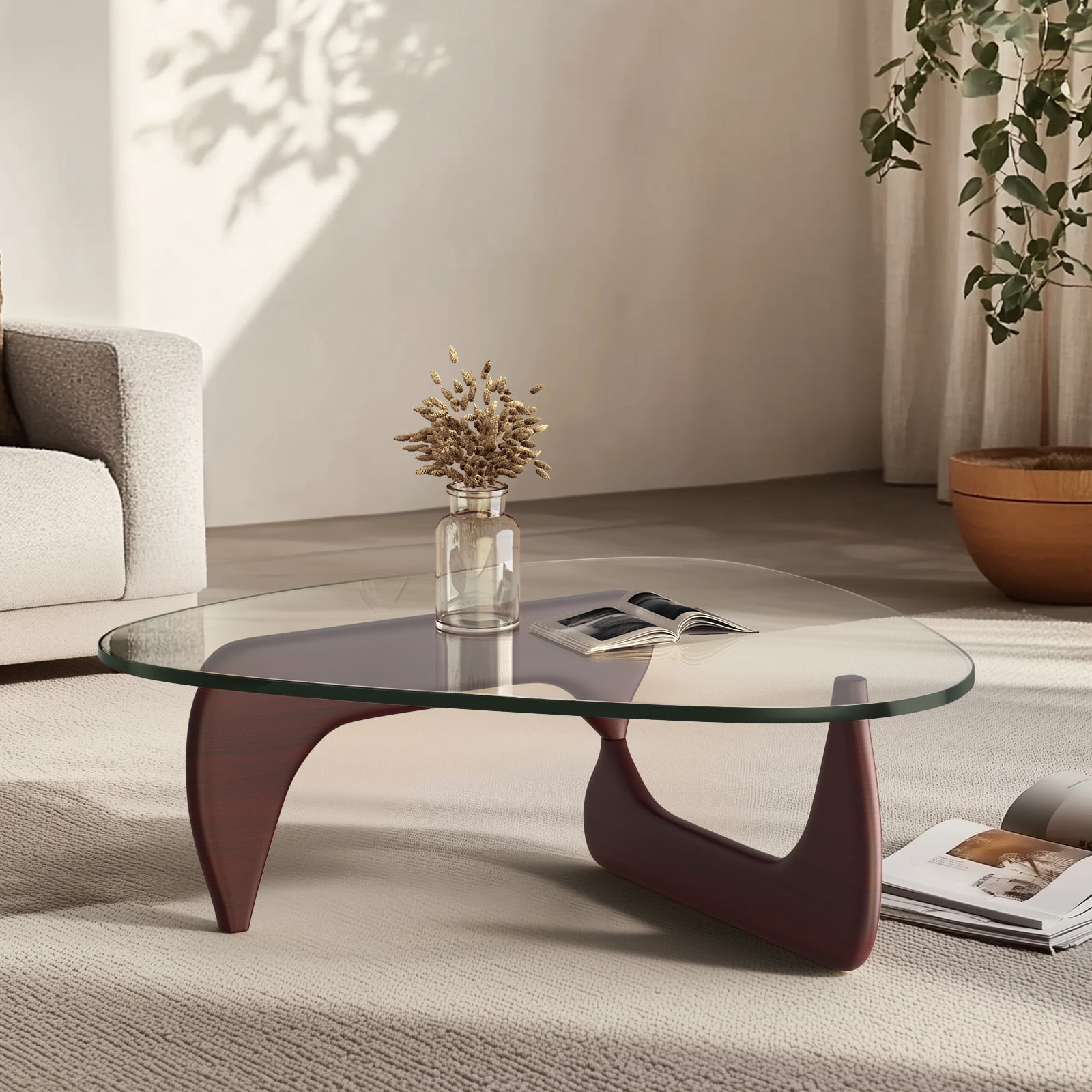 Cottinch 50" Triangle Glass Coffee Table with Wood Base for Living Room Office, Dark Walnut